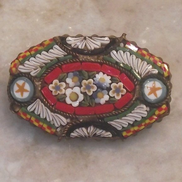 Vintage Jewelry - Micro Mosaic pin small red white